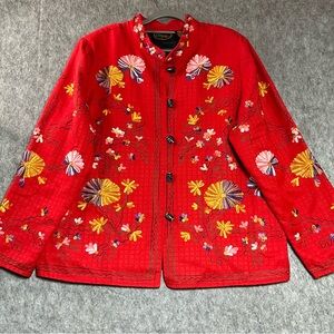 Alex Kim Vibrant Red Floral Embroidered Jacket Womens Large Toggle Buttons